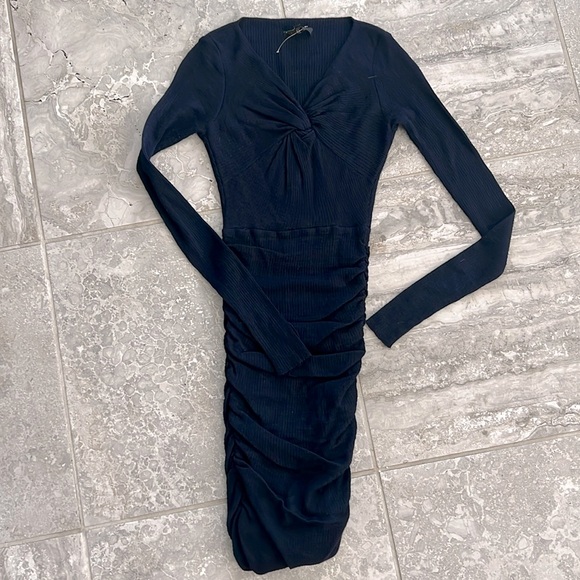 Maje Tight-Knit Long Sleeve Ruched Sweater Dress in Navy, Size 1 (S) Retail $345 - Picture 4 of 13